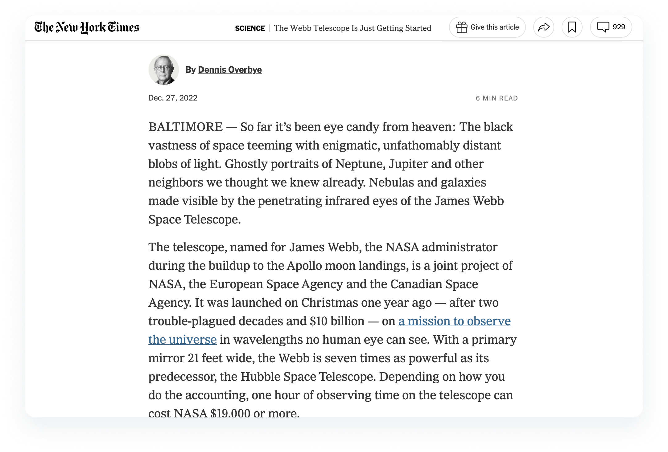 screenshot of New York Times article